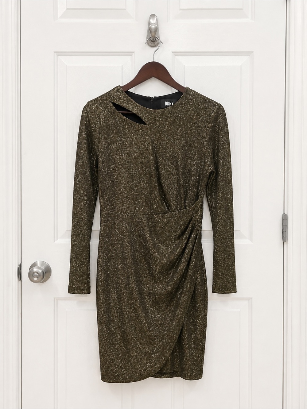 DKNY Metallic Gold Ruched Long Sleeve Dress – Size 6 ✨